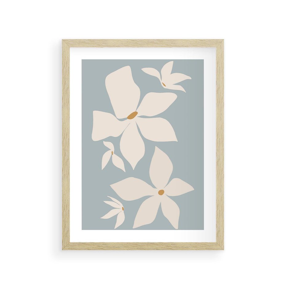 Plakat w ramie 30x40 - Błękit Kwiatów - kwiaty, nowoczesne i minimalistyczne - rama drewno