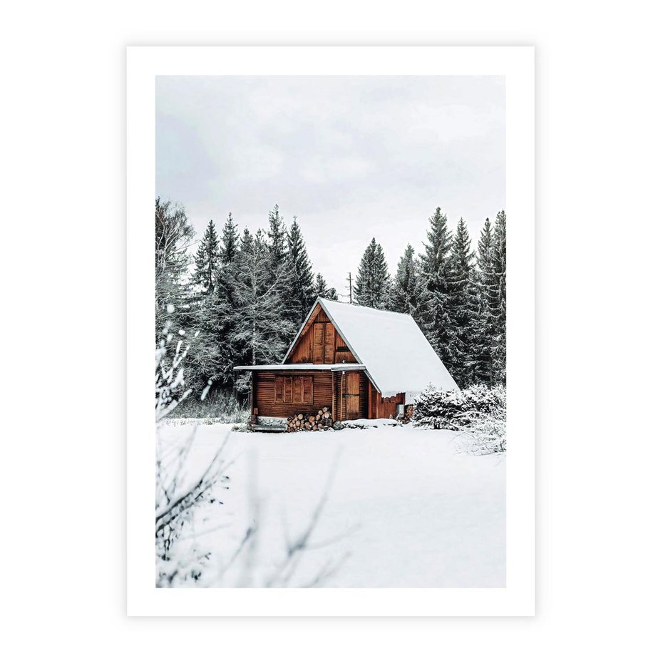 Plakat bez ramy 30x40 - Ujęcie zimy w Górach - domek w górach w zimie, śnieg