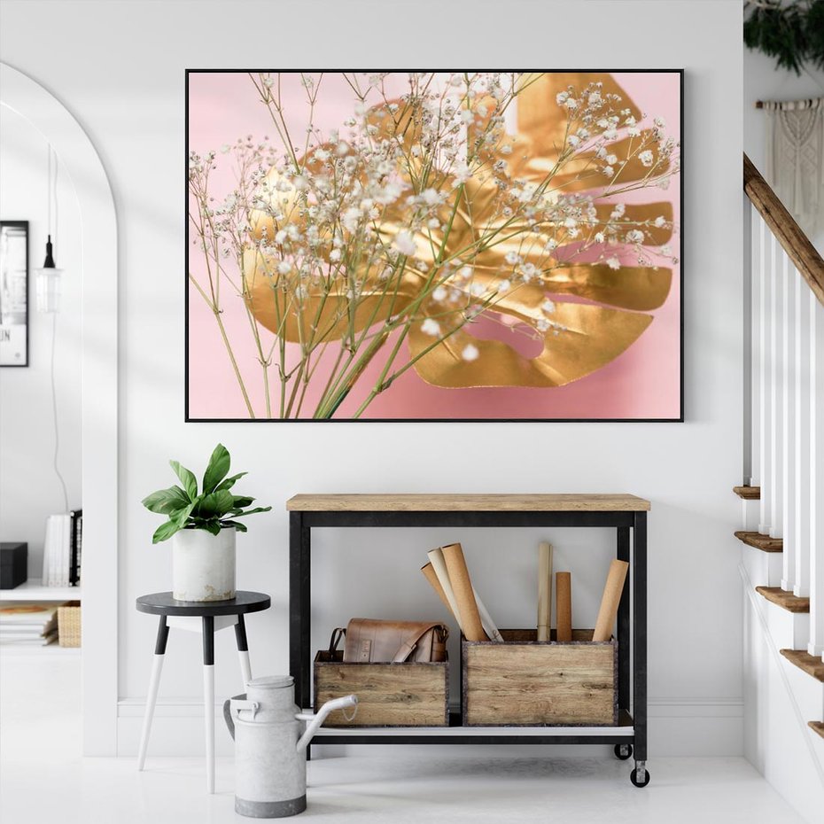 Obraz w ramie 100x70 - Blask Natury - złote, liście - rama czarna