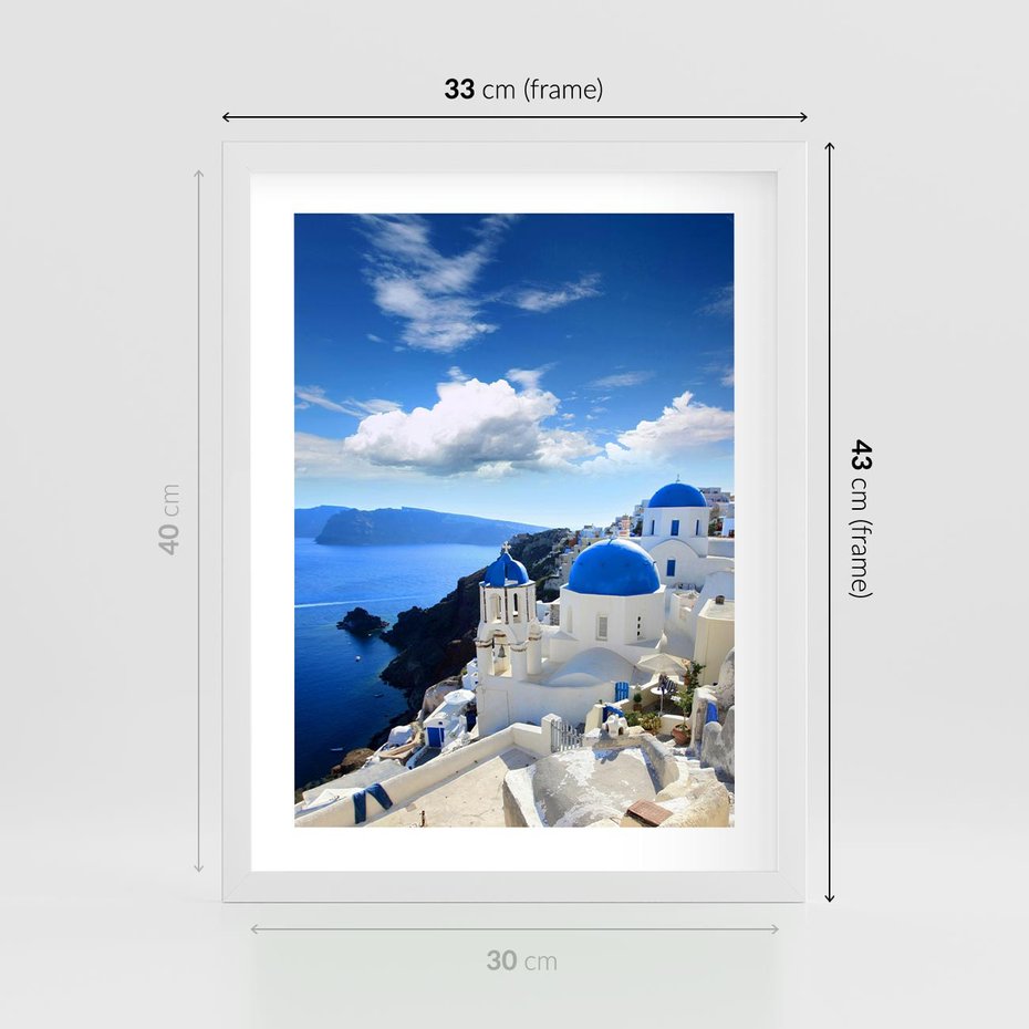 Plakat w ramie 30x40 - Magiczne Widoki - Santorini, perspektywa - rama biała