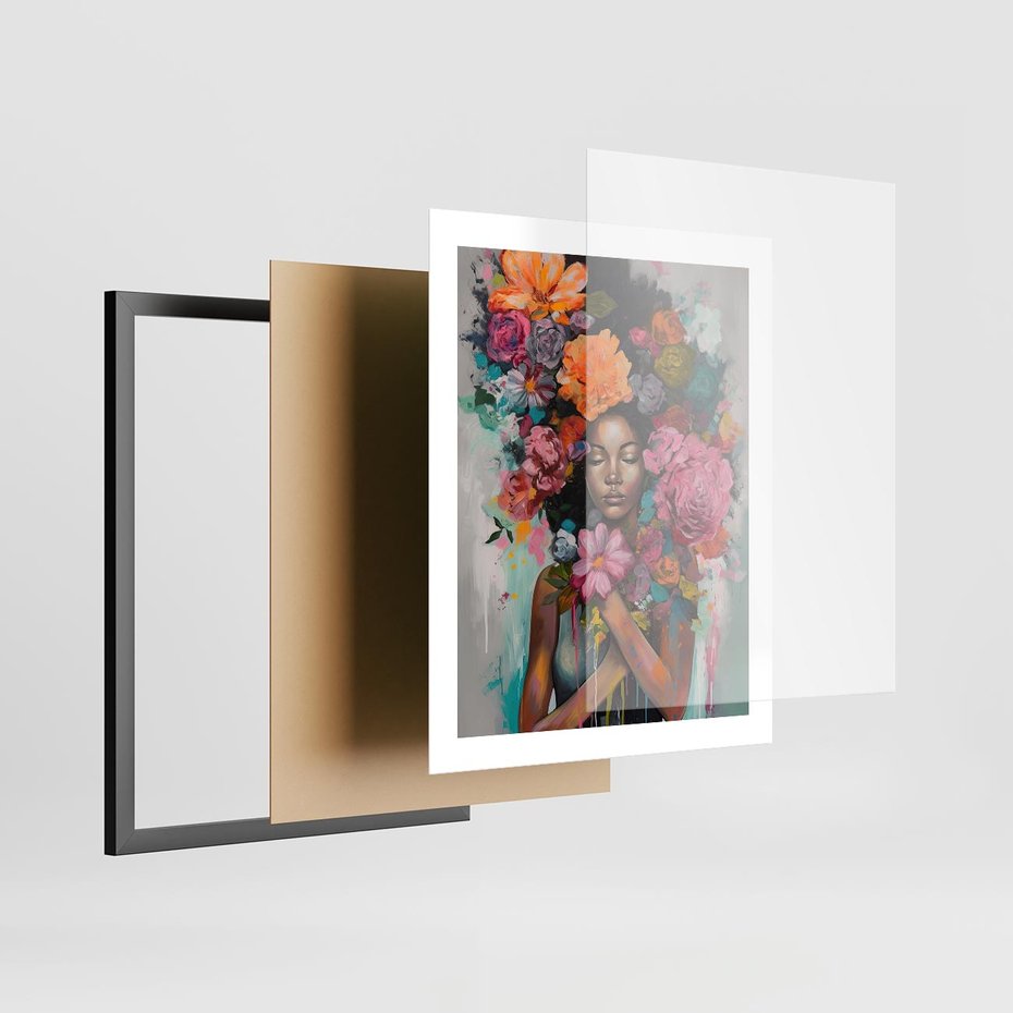 Plakat w ramie 40x50 - Z Głową w Kwiatach - obraz olejny, sztuka nowoczesna - rama czarna