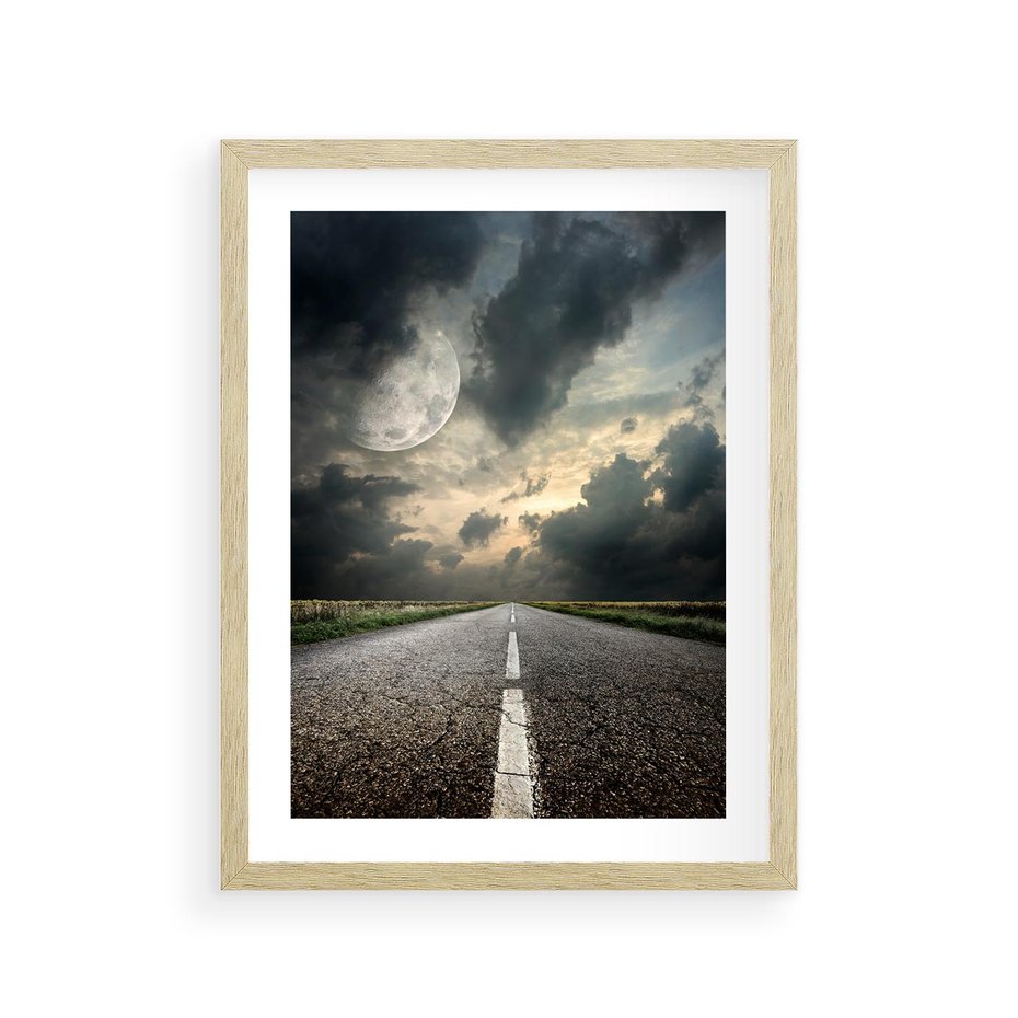 Plakat w ramie 30x40 - magia nocnej drogi - droga, księżyc - rama drewno