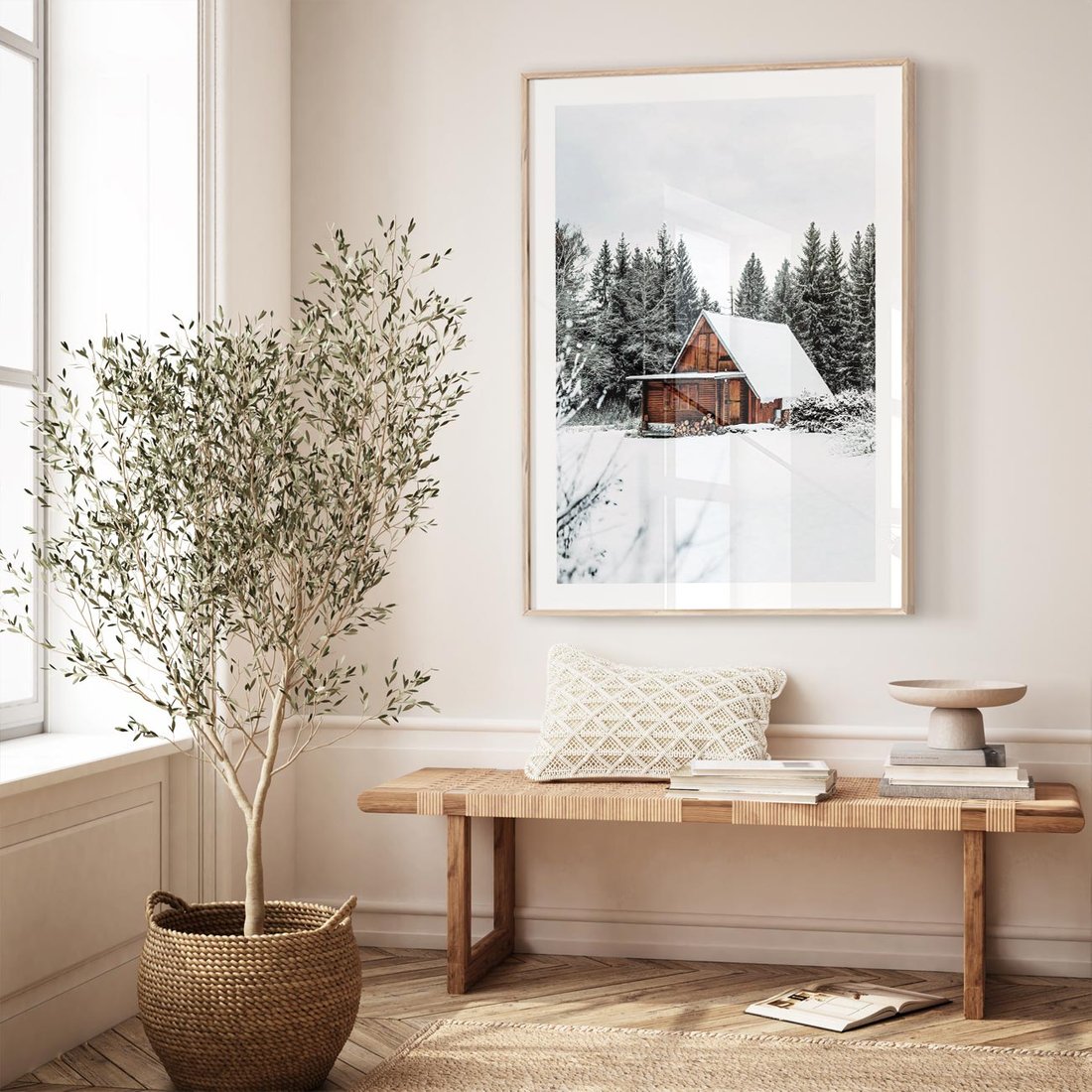 Plakat w ramie 30x40 - Ujęcie zimy w Górach - domek w górach w zimie, śnieg - rama drewno