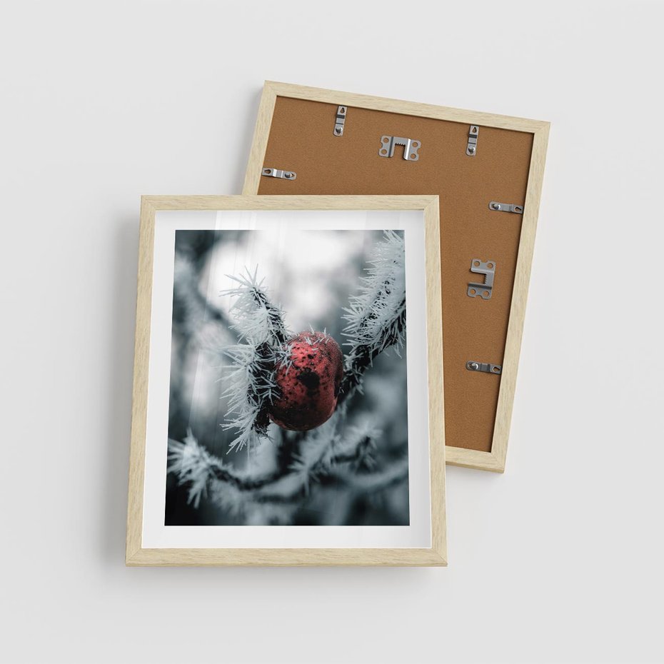 Plakat w ramie 40x50 - Chwila Zimowego Uroku - zima, ośnieżona gałązka - rama drewno