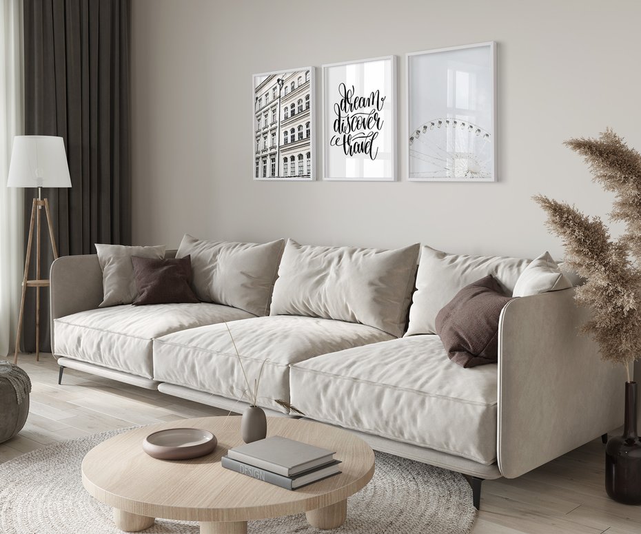 Zestaw obrazy w ramie 50x70 galeria - Typografia, podróż, miasto - rama biała