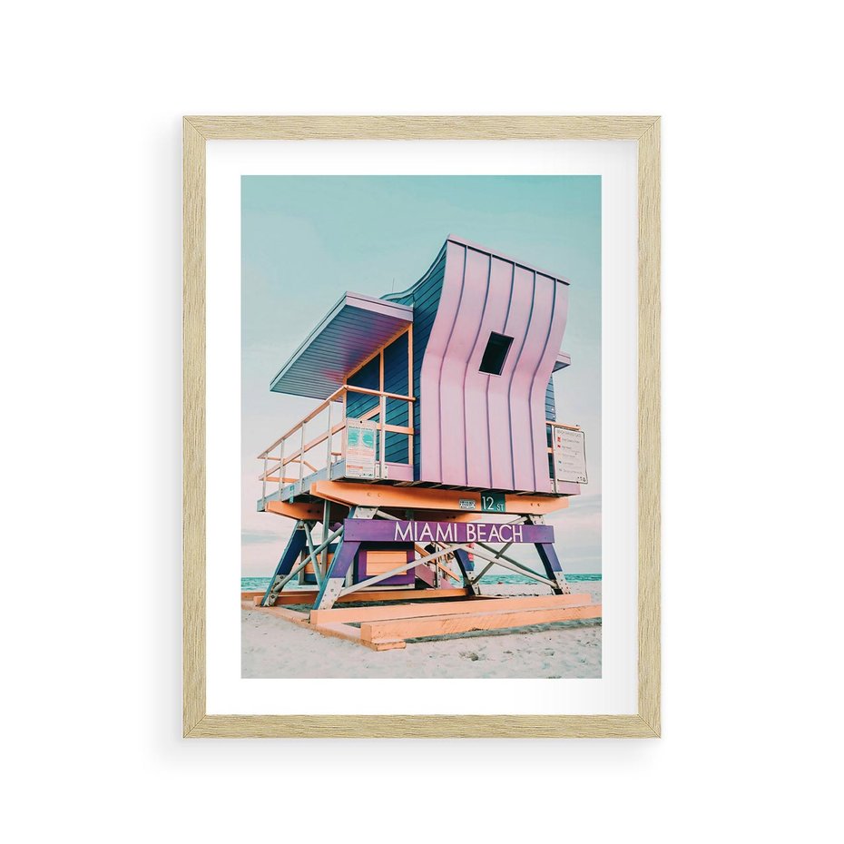 Plakat w ramie 30x40 - Miami Beach - plaża miami, domek ratownika - rama drewno