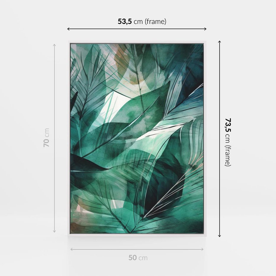 Obraz w ramie 50x70 - Zieleń Tropików - tropikalne zielone liście palmy, monstera - rama biała