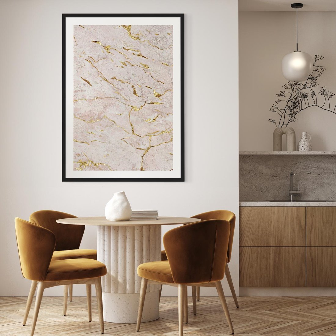 Plakat w ramie 40x50 - Beżowy Marmur i Złoto - marmur, beżowy marmur - rama czarna