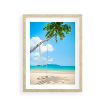 Plakat w ramie 30x40 - Hawajska palma i huśtawka na plaży - palma, huśtawka - rama drewno