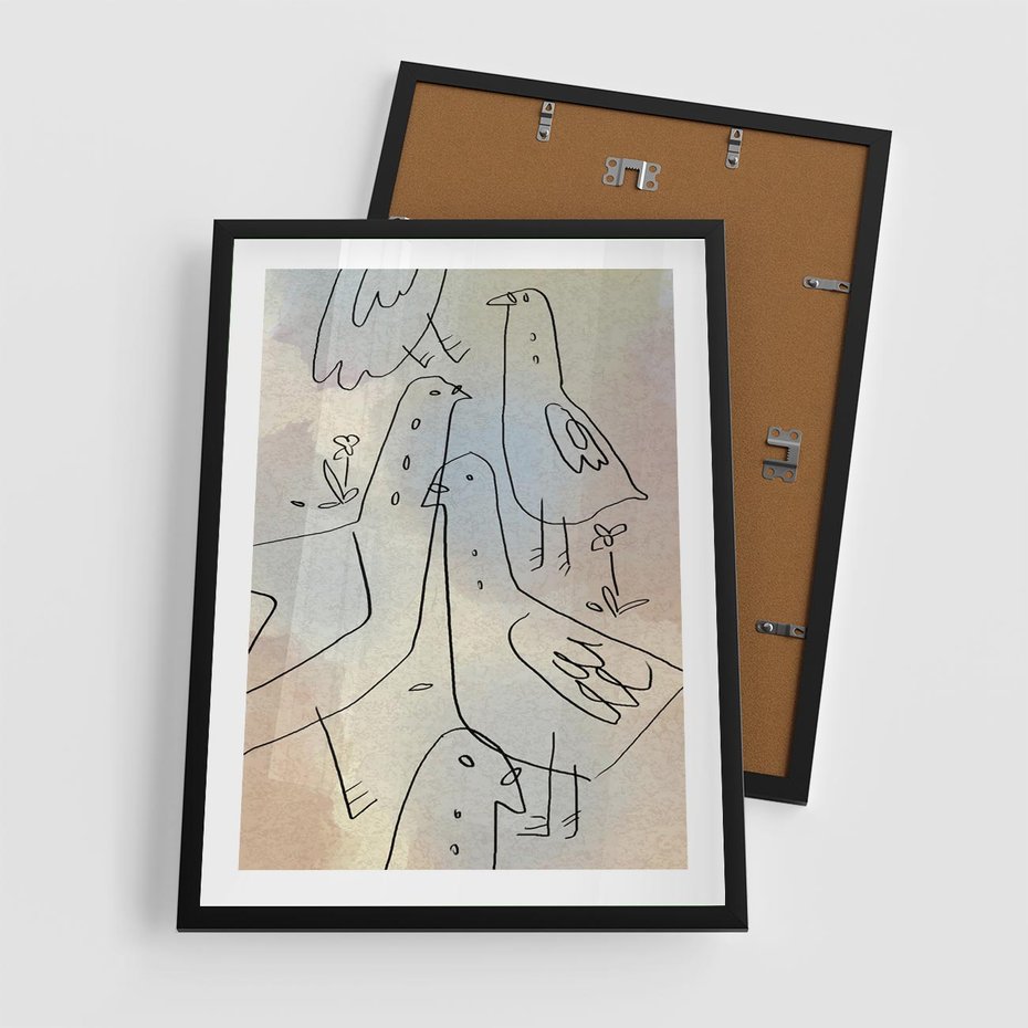 Plakat w ramie 50x70 - Strukturalna Gromada - abstrakcyjny plakat, szkic ptaków - rama czarna