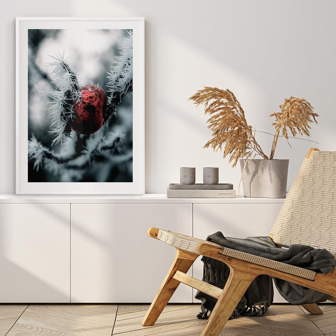 Plakat w ramie 40x50 - Chwila Zimowego Uroku - zima, ośnieżona gałązka - rama biała