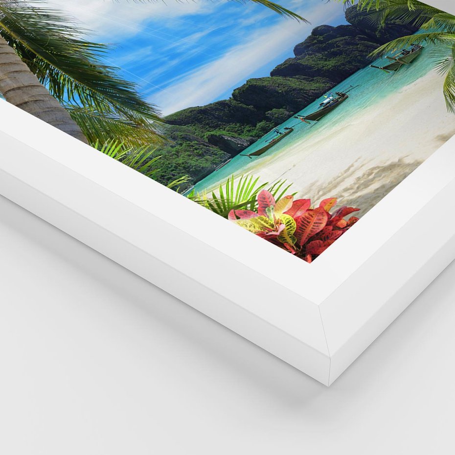 Plakat w ramie 30x40 - Palmy tańczące na tropikalnej plaży - palmy, plaża - rama biała