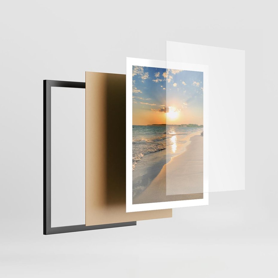 Plakat w ramie 50x70 - Zachód słońca na plaży - plaża, zachód - rama czarna