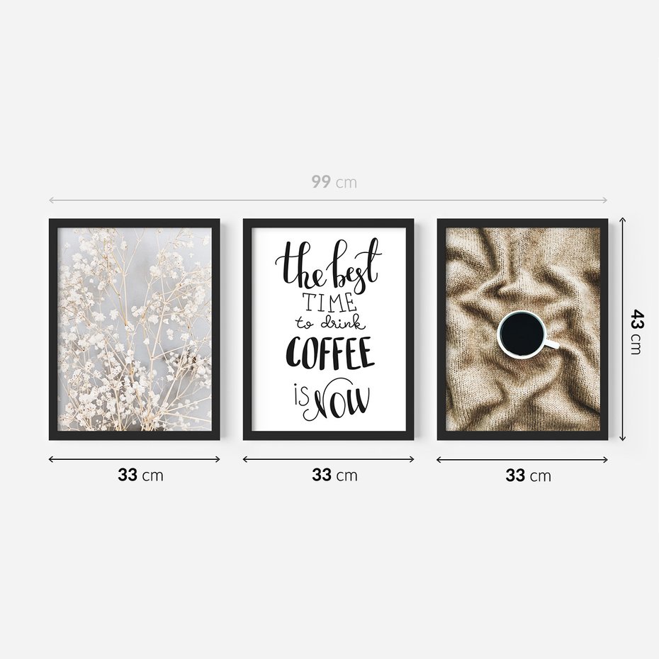 Zestaw obrazy w ramie 30x40 galeria - Kawa, typografia, kwiaty - rama czarna