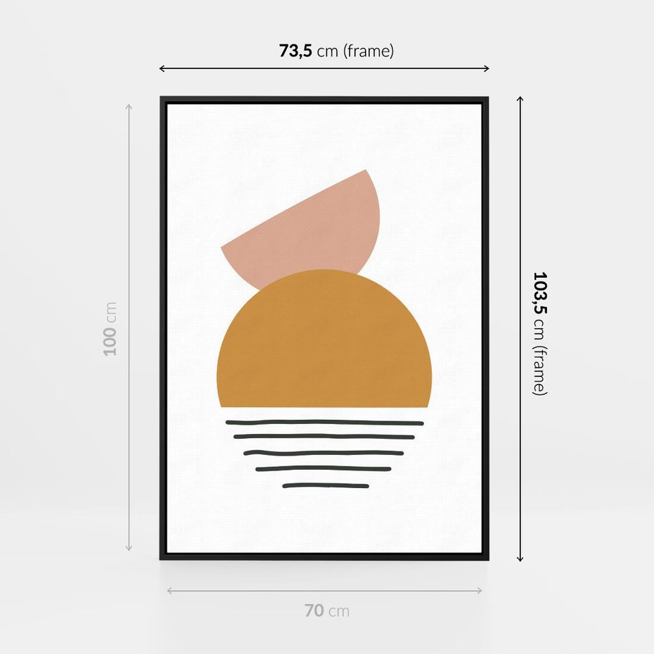 Obraz w ramie 70x100 - Kolory Przyszłości - kompozycja kół i kresek, ciepłe kolory - rama czarna