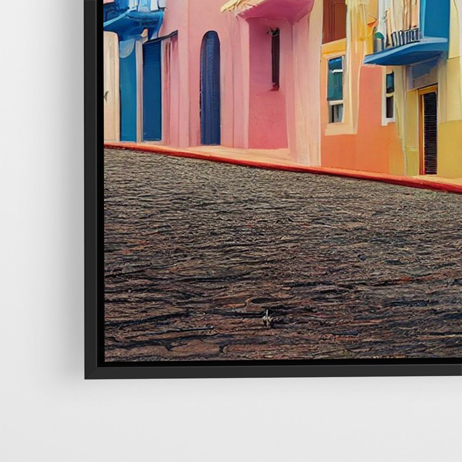 Obraz w ramie 50x70 - Ekspresja marzeń i tęsknot - pastelowe kolorowe budynki, wzdłuż ulicy - rama czarna