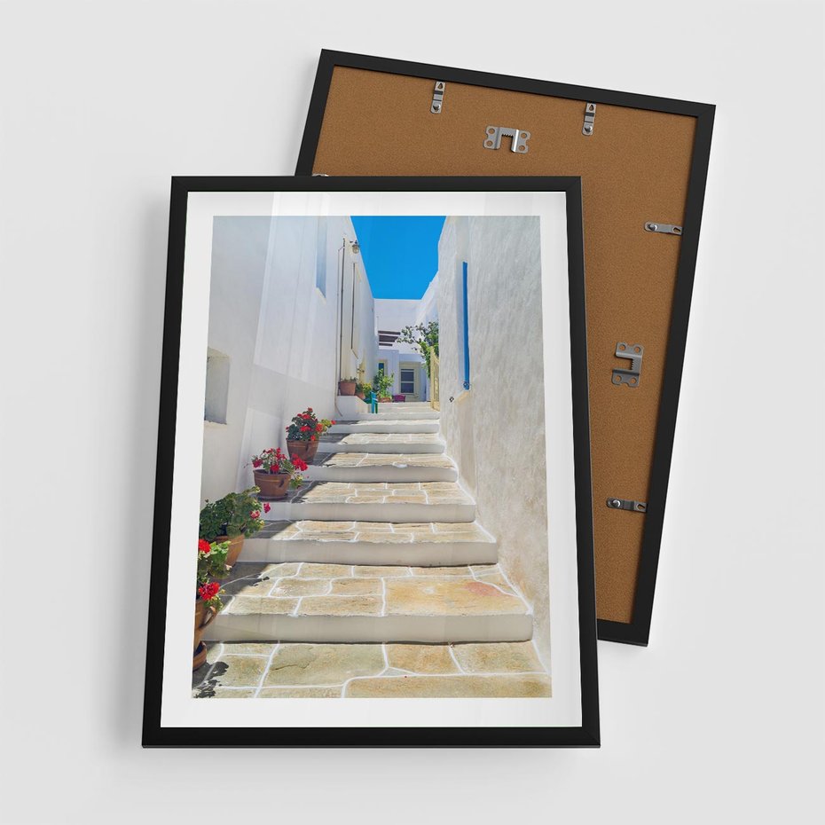 Plakat w ramie 50x70 - Urok Greckiej Uliczki - grecka, uliczka - rama czarna