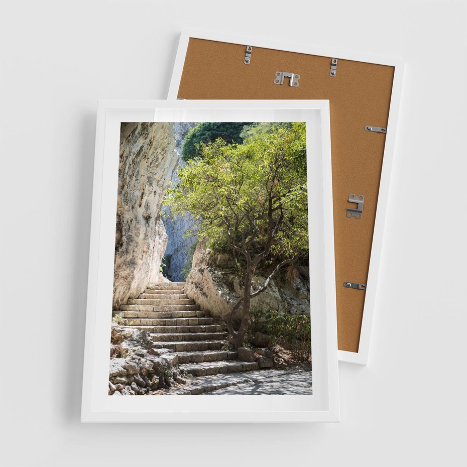 Plakat w ramie 50x70 - Krok po kroku do celu - schody, perspektywa - rama biała