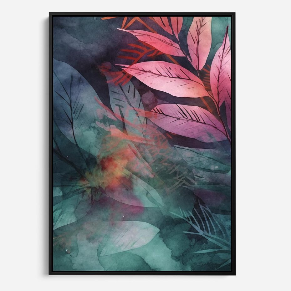 Obraz w ramie 70x100 - Subtelne Zielone - pastelowe zielone liście, róż - rama czarna