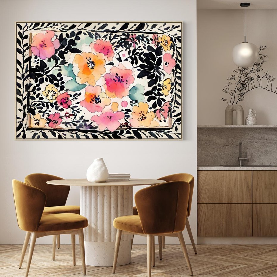 Obraz w ramie 70x50 - Opowieść w kroplach farb - akwarelowe kwiaty, mocna ornamentowa czarna ramka namalowana dookoła obrazu - rama drewno