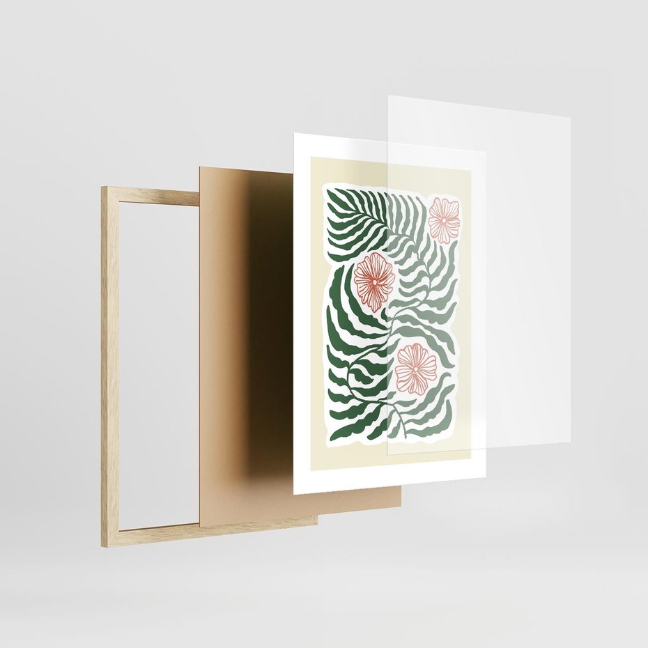 Plakat w ramie 30x40 - Migocące Wzory - abstrakcyjna kompozycja, paprocie - rama drewno