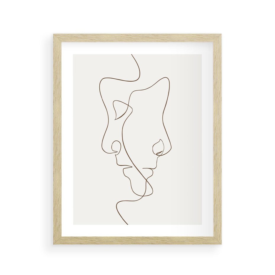 Plakat w ramie 40x50 - Jedna Linia, Dwie Twarze - minimalistyczny plakat, dwie twarze - rama drewno