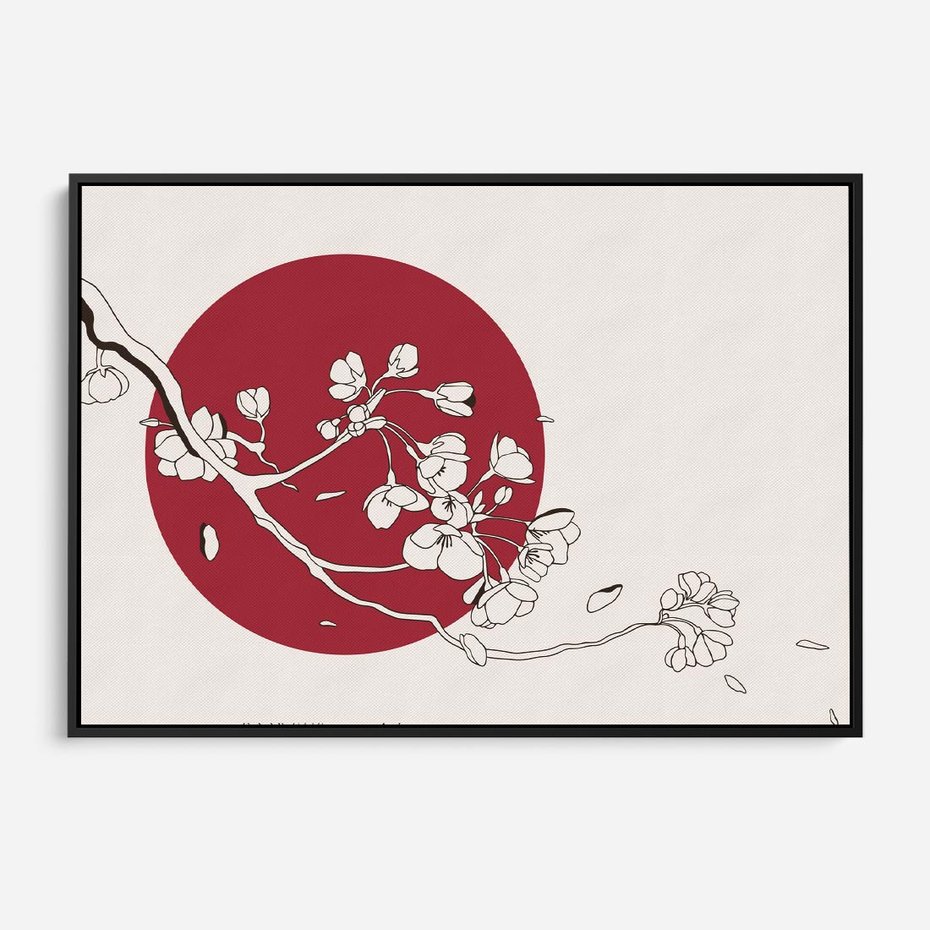 Obraz w ramie 70x50 - Esencja Zen - kwiatnąca wiśnia, orientalna grafika - rama czarna