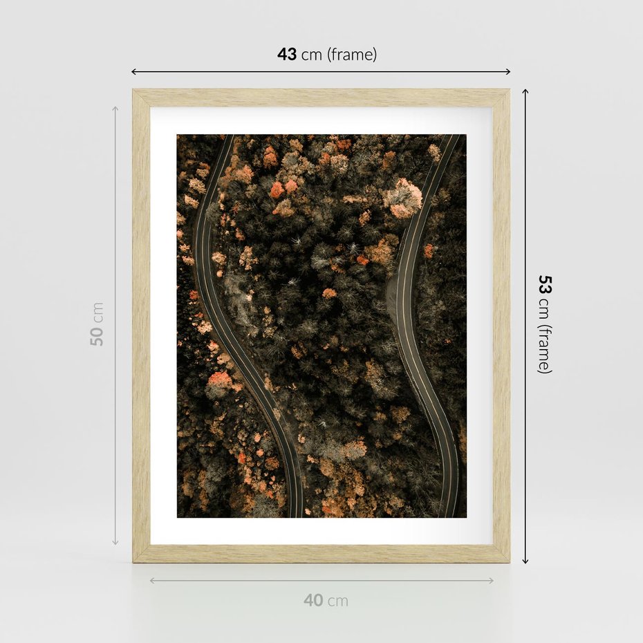 Plakat w ramie 40x50 - Las i Droga w Kolorach Jesieni - droga, ujęcie z góry - rama drewno