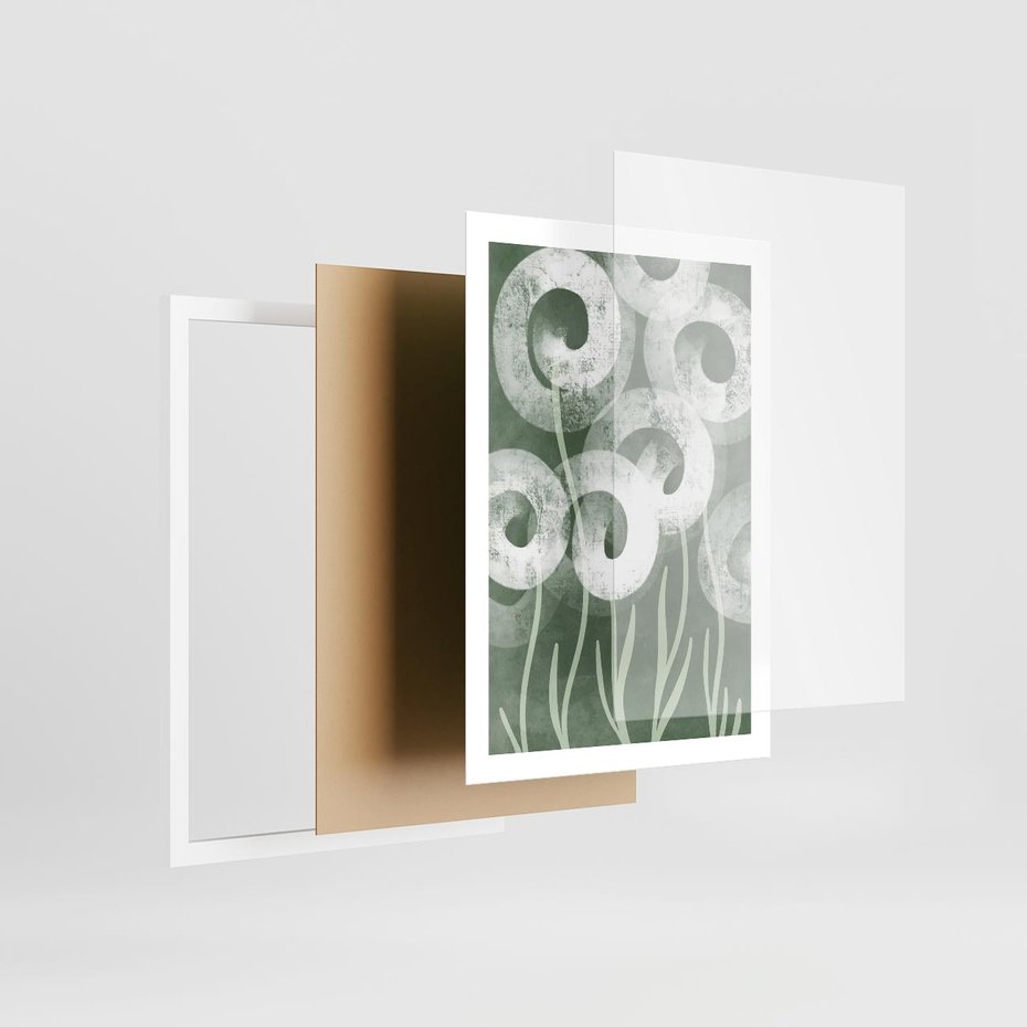 Plakat w ramie 50x70 - Spokojne Plamy Natury - zielony plakat, roślinne motywy - rama biała