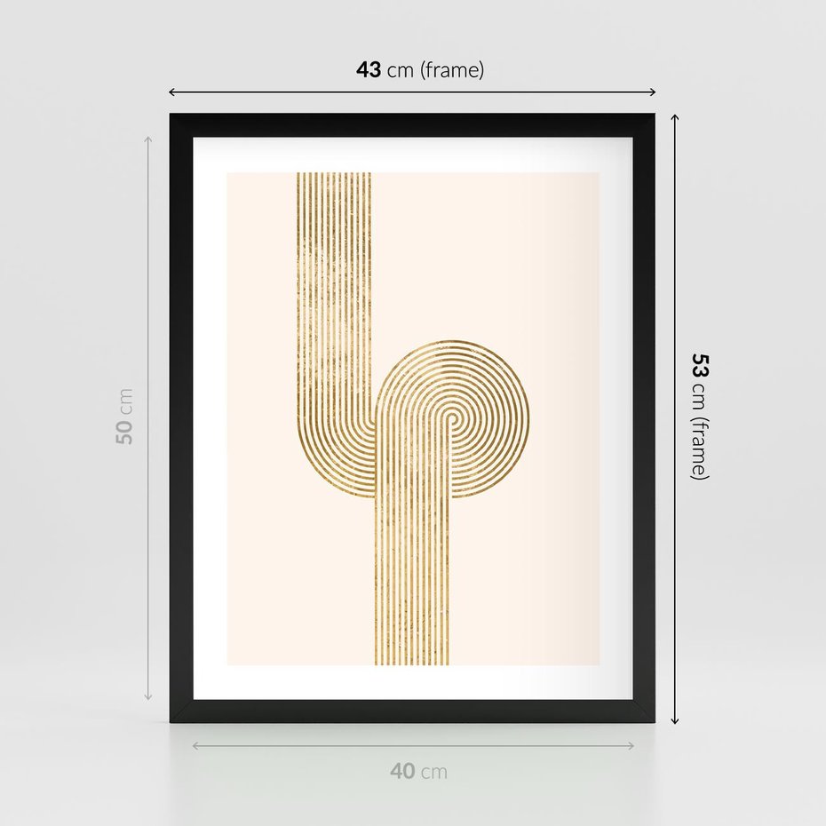 Plakat w ramie 40x50 - Podróżne Kształty - geometryczne linie w złotym kolorze, minimalizm - rama czarna