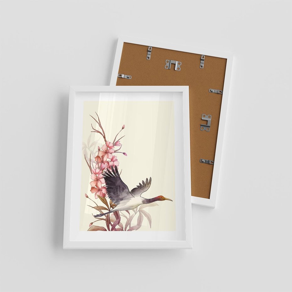 Plakat w ramie 30x40 - Szept Japonii - japońska sztuka, ptak - rama biała