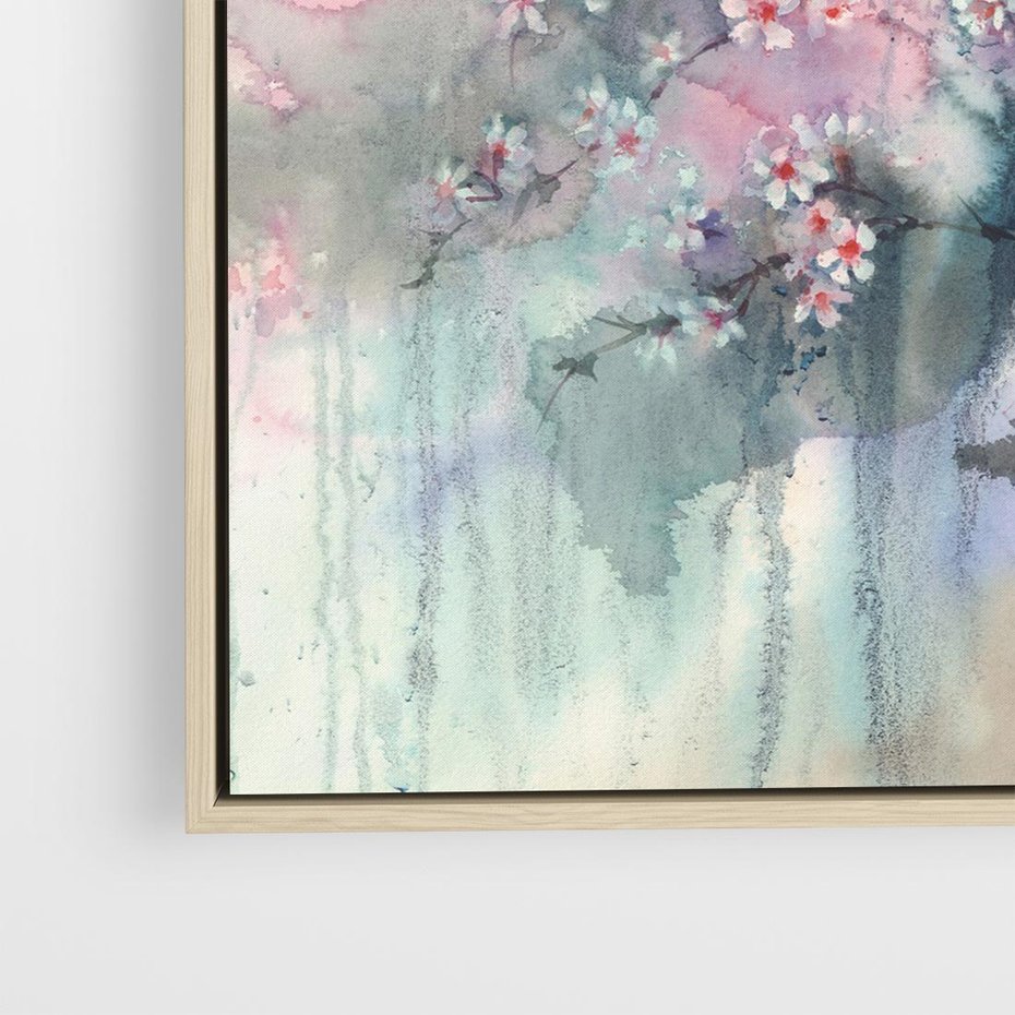 Obraz w ramie 80x80 - Efemeryczne Kwitnienie Drzew - akwarela, rozmyte pastelowe tłó - rama drewno