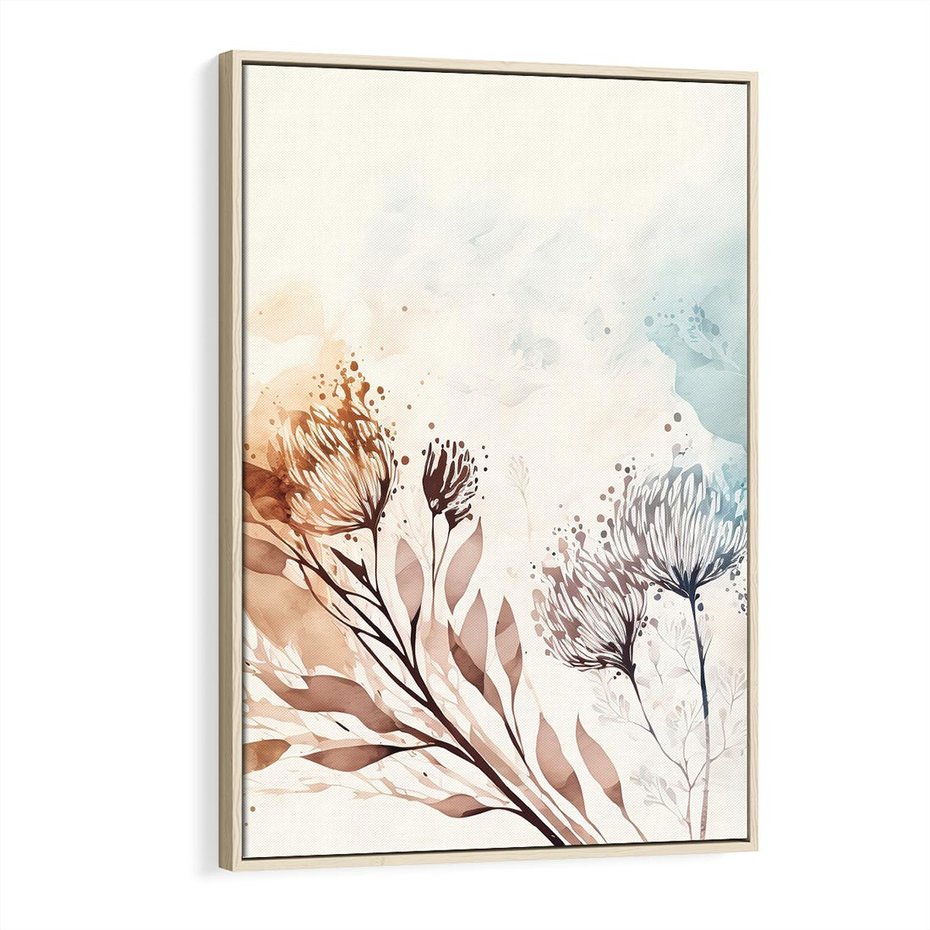 Obraz w ramie 80x120 - Nostalgiczne tańce pędzla - akwarelowe kwiaty, gałęzie - rama drewno