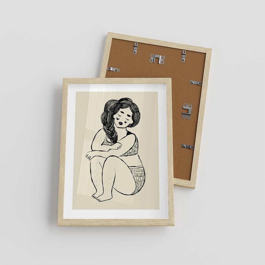 Plakat w ramie 30x40 - Migotliwe Refleksje - nowoczesny minimalistyczny rysunek, dziewczyna w bieliźnie - rama drewno