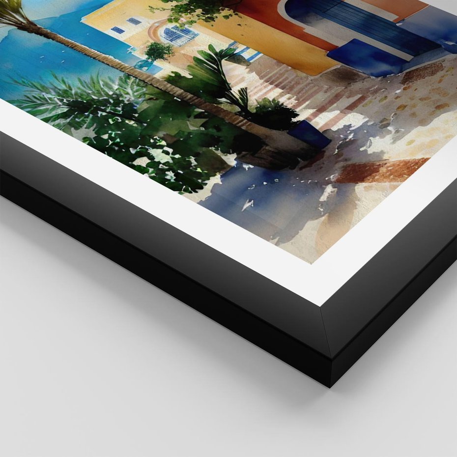Plakat w ramie 40x50 - Spokój Miasta nad Morzem - akwarela, sródziemnomorski klimat - rama czarna