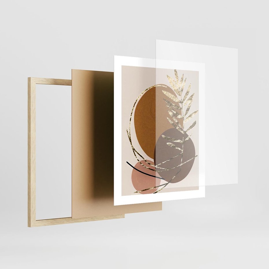 Plakat w ramie 40x50 - Taniec Przenikających Odbić - abstrakcyjny obraz, złote liście palmy - rama drewno