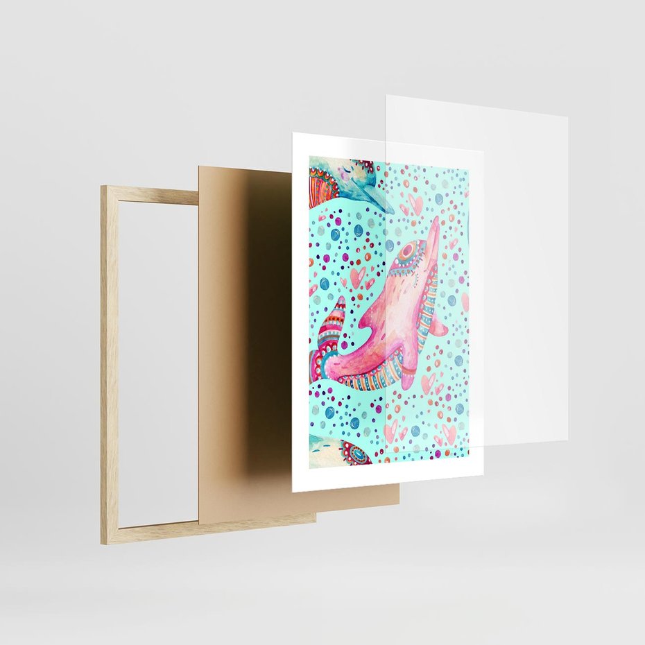 Plakat w ramie 30x40 - Lekkość W Ruchu - delfin, akwarela - rama drewno