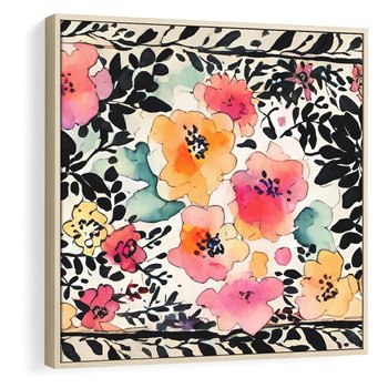 Obraz w ramie 50x50 - Opowieść w kroplach farb - akwarelowe kwiaty, mocna ornamentowa czarna ramka namalowana dookoła obrazu - rama drewno