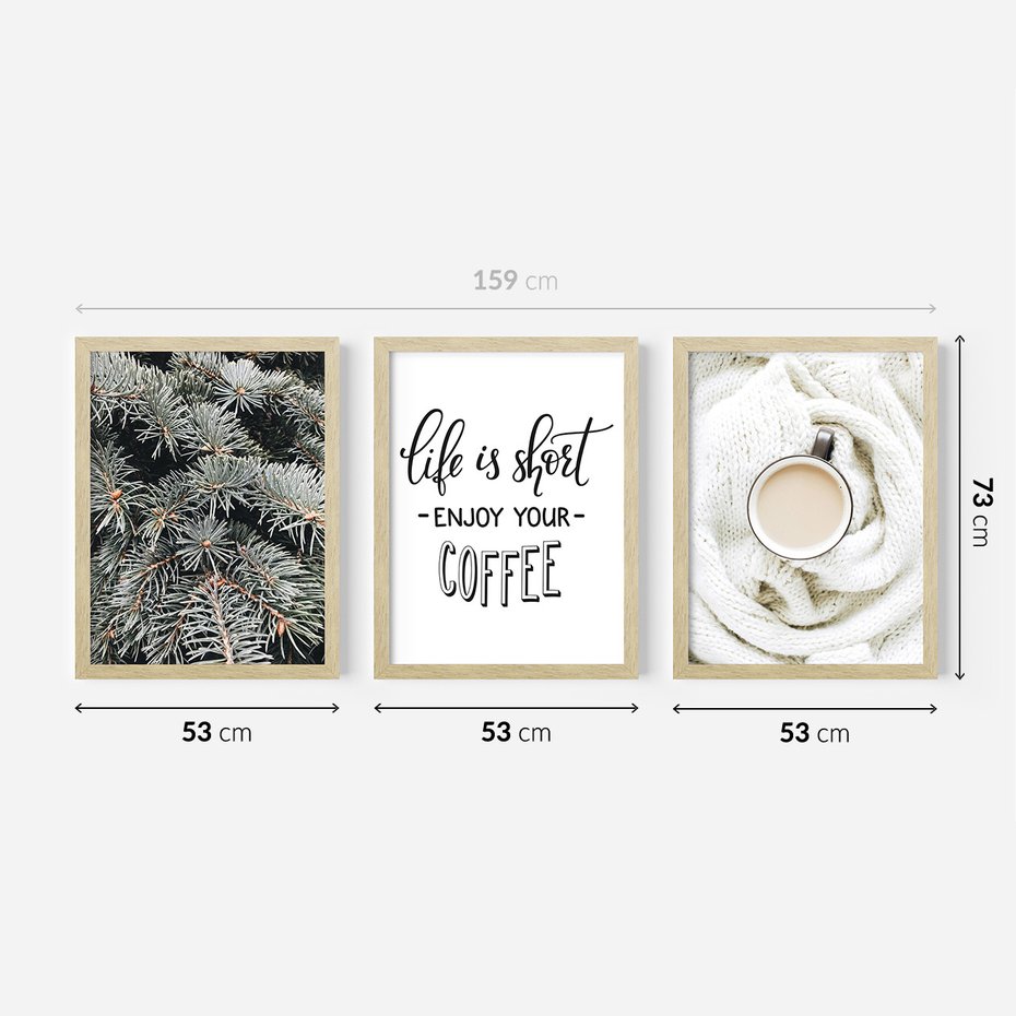 Zestaw obrazy w ramie 50x70 galeria - Kawa, zima, koc - rama drewno