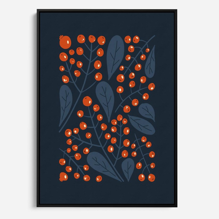 Obraz w ramie 70x100 - Symfonia liści i owoców - granatowe tło, pomarańczowe owoce jarzębiny - rama czarna