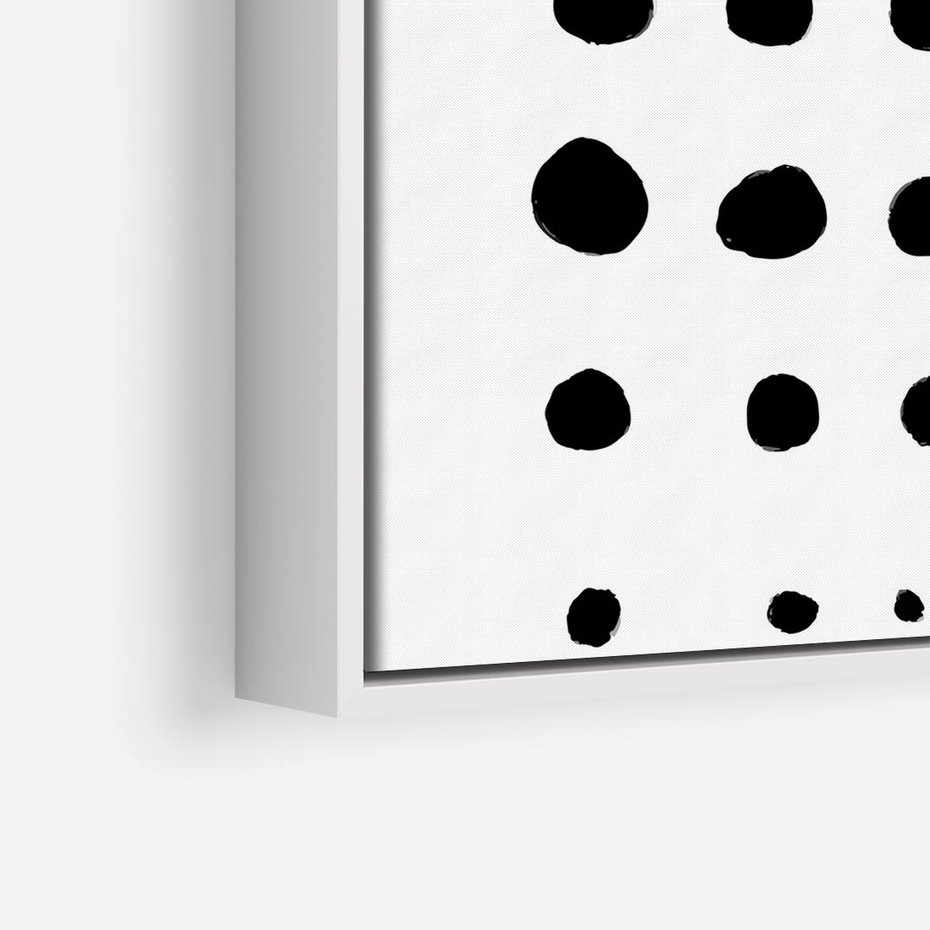 Obraz w ramie 50x50 - Refleksje Światła - minimalistyczna kompozycja, czarne kropkina białym tle - rama biała