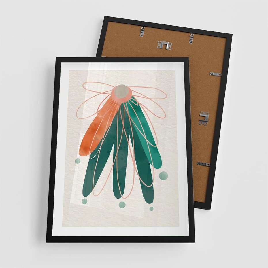 Plakat w ramie 50x70 - Energetyczna Harmonia Kwiatów - akwarelowe abstrakcyjne kształty, zieleń i pomarańcz - rama czarna