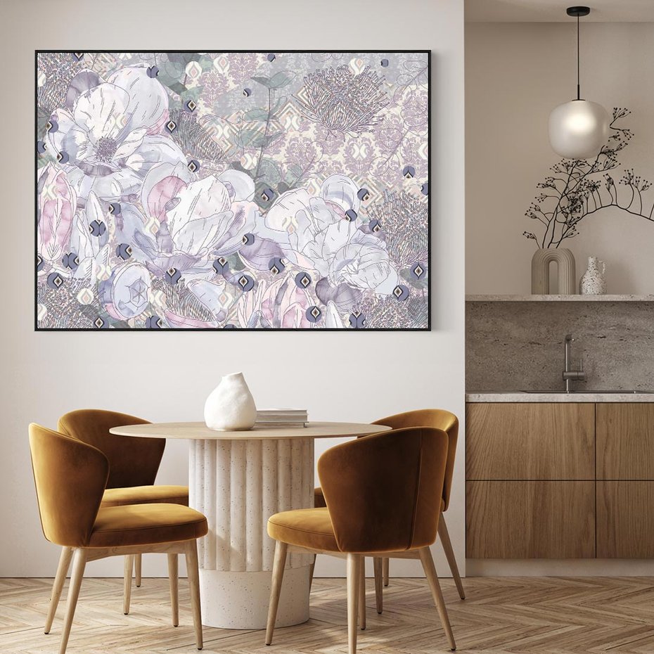 Obraz w ramie 70x50 - Malowane oddechy istnienia - pomieszane tekstury, kwiatowe elementy - rama czarna