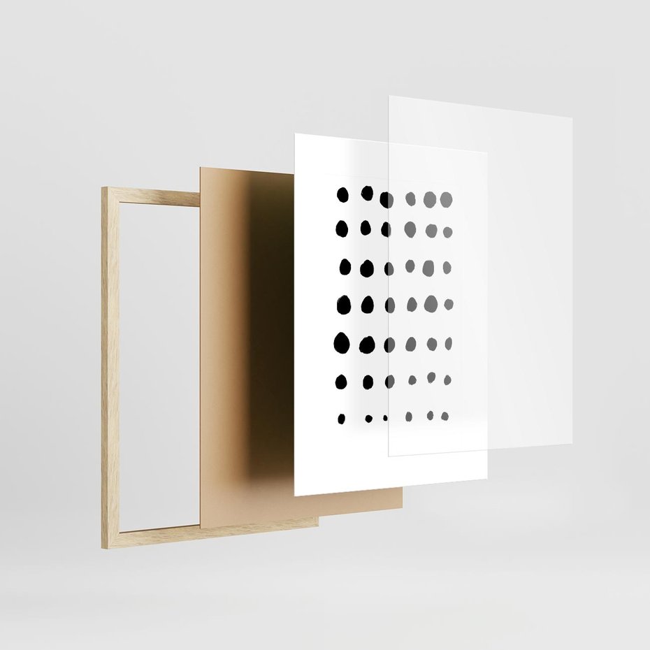 Plakat w ramie 30x40 - Refleksje Światła - minimalistyczna kompozycja, czarne kropkina białym tle - rama drewno