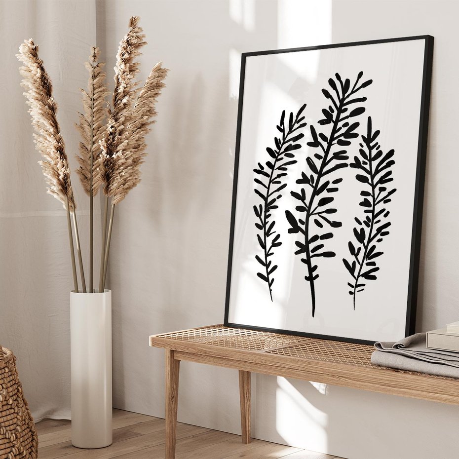 Plakat w ramie 40x50 - Spokojne Wiatrem Uginane - szkic, czarno biały - rama czarna