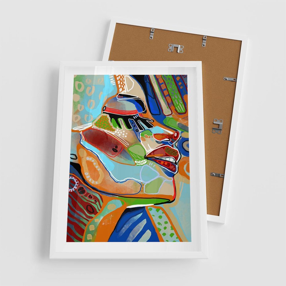 Plakat w ramie 50x70 - Kolorowe Wnętrza Kształtów - abstrakcyjny portret kobiety, twarz - rama biała