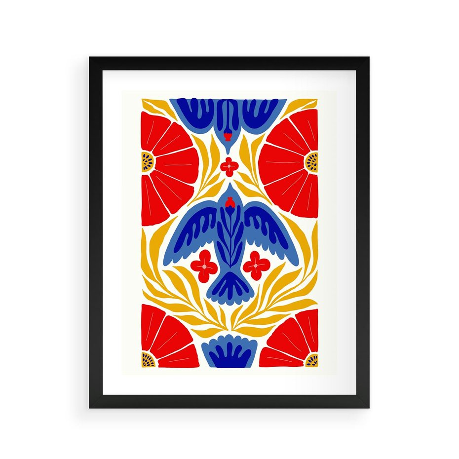 Plakat w ramie 40x50 - Eklektyczny Majestat - wyrazista grafika, mocne kolory czerwień niebieski żółty - rama czarna