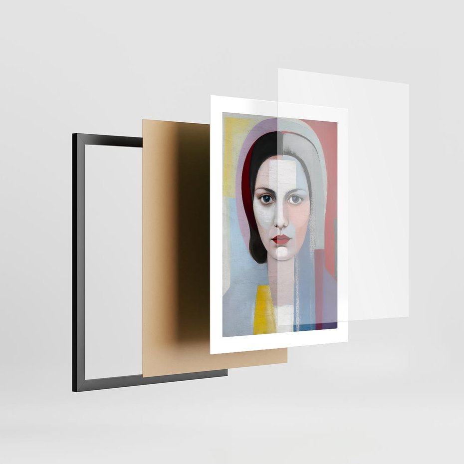 Plakat w ramie 30x40 - Kolorowe Granice Form - abstrakcyjny obraz olejny, portret twarzy kobiety - rama czarna