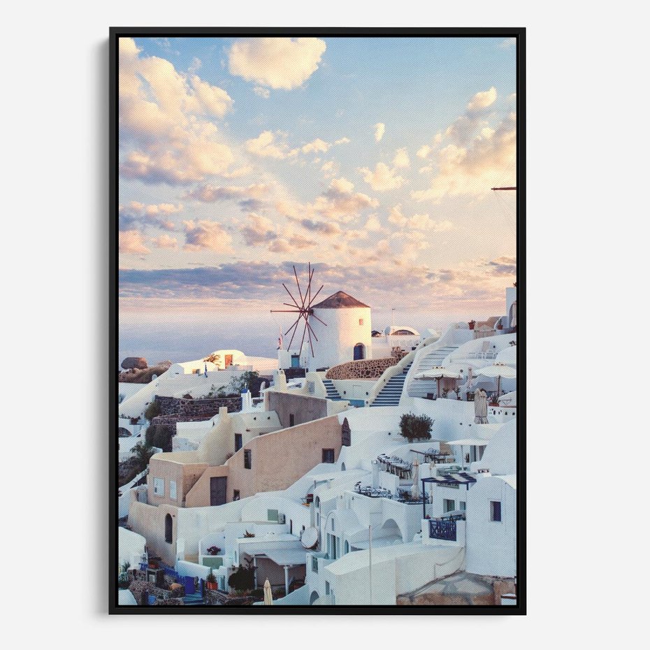 Obraz w ramie 70x100 - Biel ponad Błękitem - Santorini, białe budynki - rama czarna