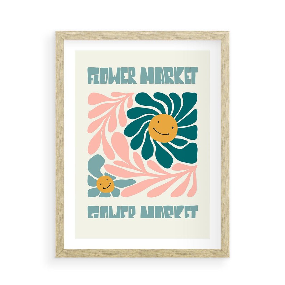 Plakat w ramie 50x70 - Harmonia płatków kwiatów - kwiatowa retro kompozycja, pastelowe kolory - rama drewno